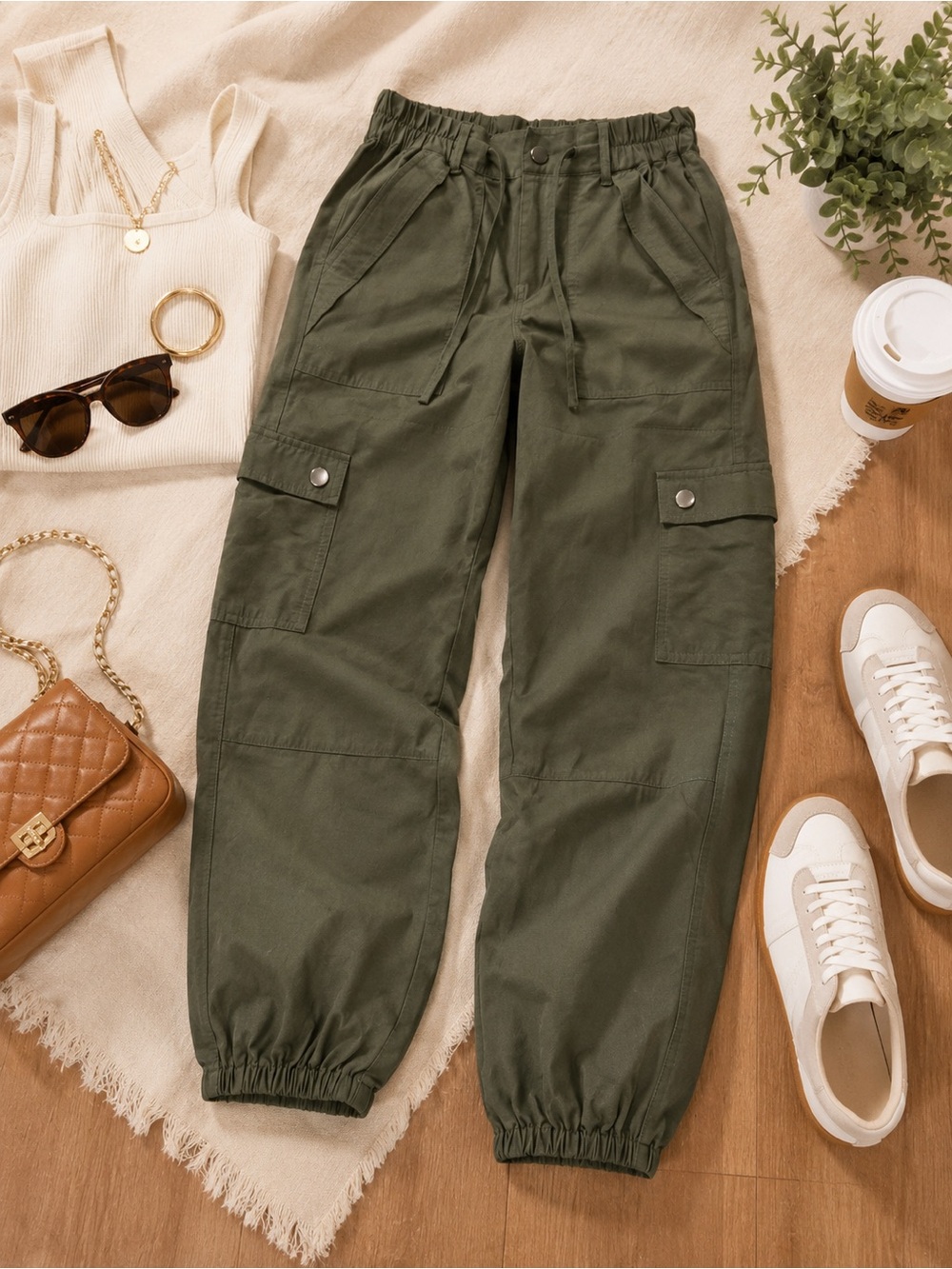 CAbi Olive Cargo Drawstring Ankle Pants - Picture 2 of 6